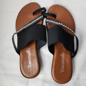 Toscanella Black slip-on flat Decorative Strap Silver Beading Size 8.5 Women